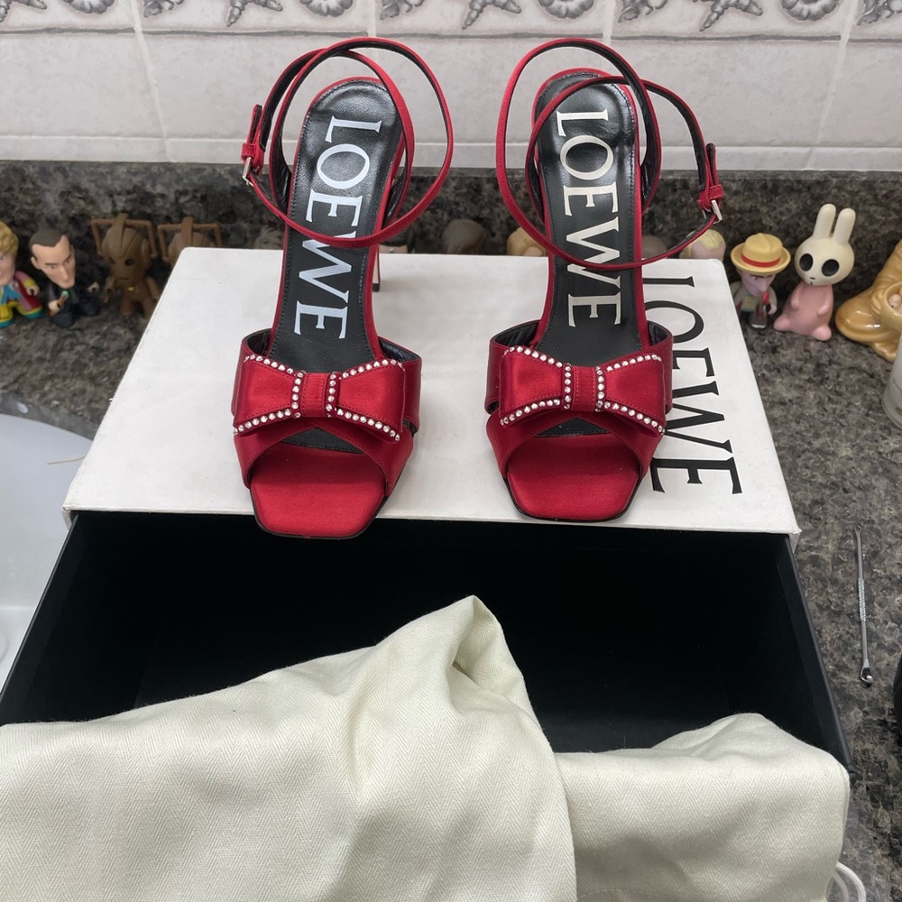 LOEWE Red Satin Rhinestone Bow Sandals